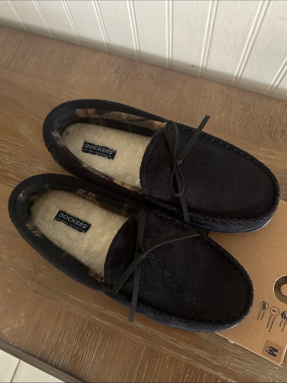 NEW Dockers Memory Foam Navy Blue Suede Moccasin Slippers sz M (7/8)
